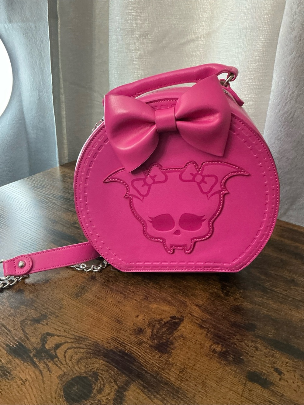Monster High Pink Small Round Crossbody Bag, Bow Accent, Chain Strap, Zip